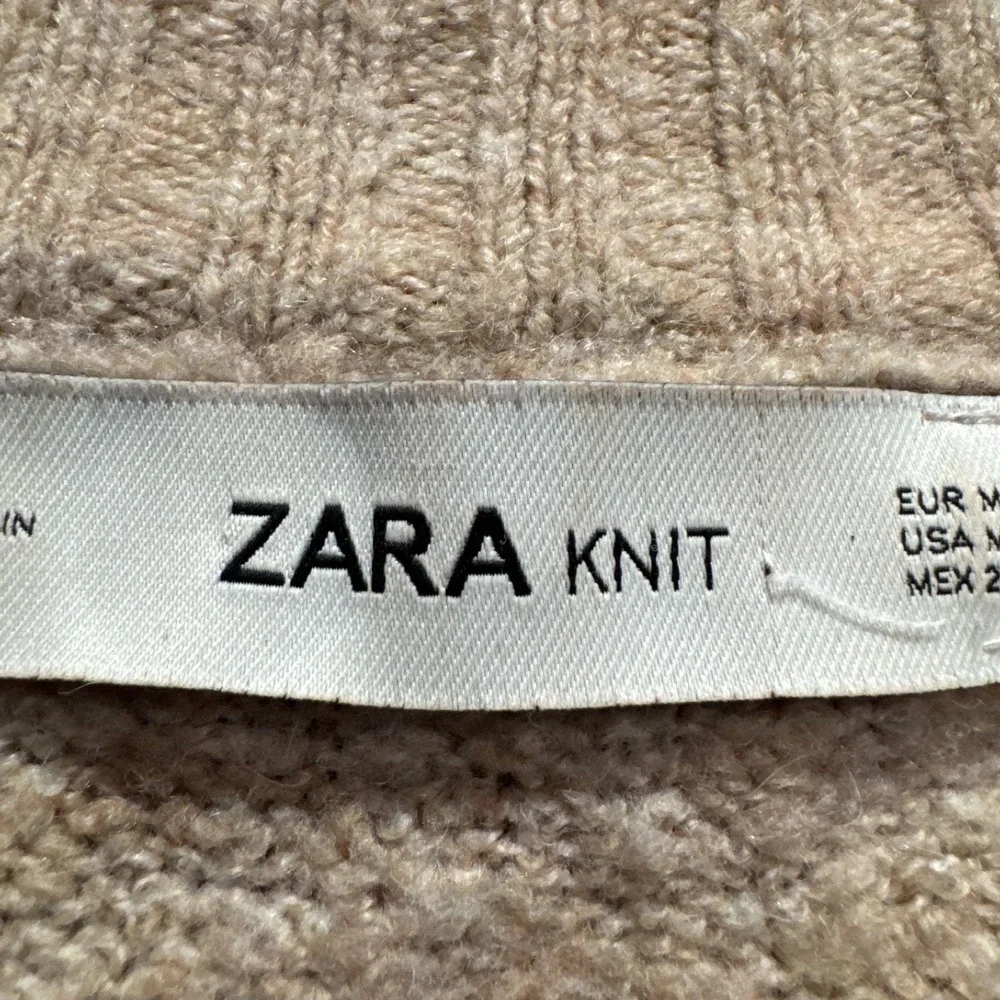 Zara Knit Sweater Womens M Tan Wool Blend Ribbed Trim Oversized‎ Cozy Minimalist